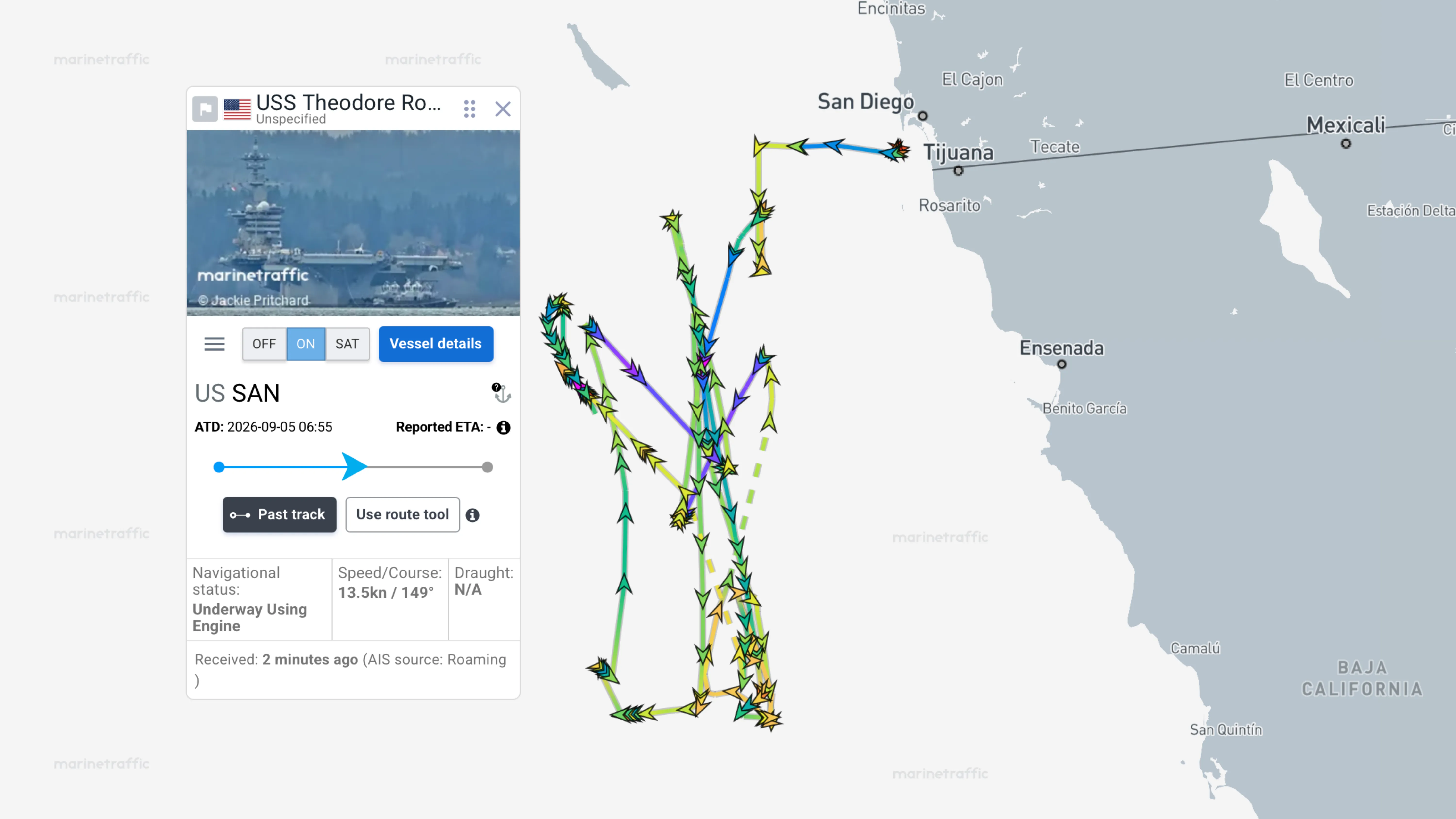 Une capture d'écran partagée avec la permission de Marine Traffic montre le transit de l'USS Theodore Roosevelt alors qu'il termine sa formation de qualification de transporteur (CQ) au large de la côte ouest. Source : Trafic maritime